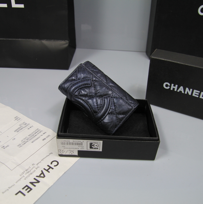 AAA Chanel Leather CC Logo Tri-Fold mini Wallets A26723 Dark Blue Online